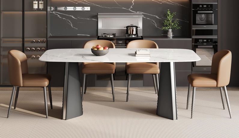 歌迪 极简风格 质地晶莹中花白大理石 防磕碰马肚造型台面 独特双C折角造型 灰钛拉丝不锈钢桌腿 1.4米 餐桌