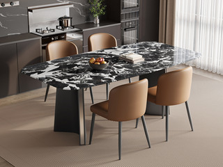  极简风格 质地晶莹宝格丽黑大理石 防磕碰马肚造型台面 独特双C折角造型 灰钛拉丝不锈钢桌腿 1.4米 餐桌