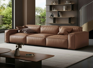  意式极简 方糖沙发 高定头层黄牛皮 触感细腻柔滑 立体饱满豆腐块造型 加大坐深自在倚靠 赤棕色 2.9米 四人位 直排沙发