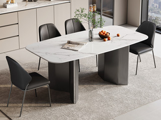  意式极简 简约素雅中花白大理石 防磕碰马肚造型台面 菱形折叠拉丝不锈钢支撑脚 1.6米 餐桌