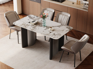  极简风格 质地晶莹潘多拉大理石 纹理细腻顺滑 太空灰拉丝不锈钢 设计感双拼桌腿 高强支撑力 1.4米 餐桌