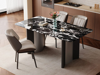  极简风格 质地晶莹宝格丽黑大理石 纹理细腻顺滑 太空灰拉丝不锈钢 设计感双拼桌腿 高强支撑力 1.6米 餐桌