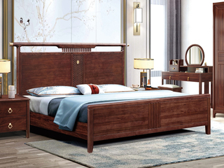  新中式 进口乌金木 纹理自然温润 鱼鳞纹雕刻五金装饰点缀 宽阔床屏舒适大气 1.5*2.0米 实木床（搭配松木床板条）