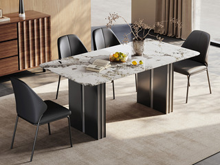  极简风格 质地坚实潘多拉大理石 纹理柔滑细腻 线条利落轮廓鲜明 黑钛拉丝+灰钢栅格腿 坚实稳固 1.6米 餐桌