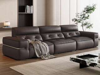  意式极简 牛魔王全真皮沙发 高质感开边工艺 至臻头层黄牛皮 蓬松高质羽绒+Q弹海绵 双重体验 分段式高靠背柔软承托 敦厚方正金属点缀扶手  直排四人位沙发