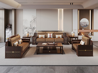  新中式实木沙发 甄选进口金丝檀+乌金木 设计感拼花纹理金线装饰 实木储物扶手 柔软舒适猫抓皮  红檀色 组合沙发 单人位+双人位+三人位（抱枕花色随机）