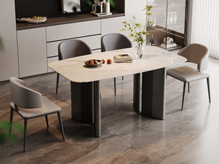  极简风格 甄选高品质中花白大理石 纹理细腻光滑 “V”形脚内凹圆润设计 独特工学构造结实稳固 1.4米 餐桌