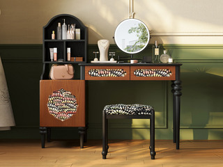  中古风 如意伸缩梳妆台 北美进口白蜡木 巧妙收缩空间灵活运用 多色摩登提花布料点缀 白蜡木罗马柱桌腿 左妆柜 实木妆台（不含妆镜）