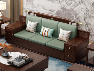  新中式实木沙发 甄选进口金丝檀+乌金木 典雅官帽设计 实木储物扶手 柔软舒适猫抓皮 红檀色 三人位沙发（抱枕花色随机）