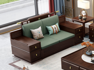  新中式实木沙发 甄选进口金丝檀+乌金木 典雅官帽设计 实木储物扶手 柔软舒适猫抓皮 红檀色 双人位沙发（抱枕花色随机）