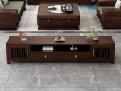 檀雅居 新中式 高品级金丝檀木+进口乌金木 多元化开放格储物+抽屉 格栅装饰柜门 红檀色 2.0米 电视柜