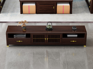  新中式 高品级金丝檀木+进口乌金木 多元化开放格储物+抽屉 格栅装饰柜门 红檀色 1.8米 电视柜