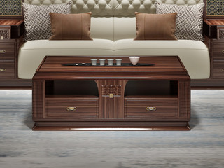  新中式  自然清晰实木纹理 弧形装饰开放格 多元储物空间 全落地式稳固结构 1.2米 茶几