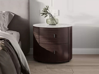  意式极简 极简圆柱造型 细腻光滑岩板面 水曲柳木皮烟熏色纹理 高质缓冲导轨 烟熏色 床头柜