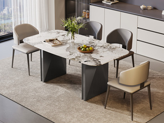  极简风格 细腻柔滑潘多拉大理石 自然肌理 双面菱边造型灰钛拉丝不锈钢脚 厚实稳固 桌底空间开阔不拘束 1.4米 马肚型 餐桌