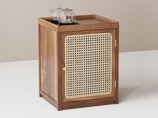  新中式 天然进口胡桃木+藤编工艺茶水柜 全自动智能抽水茶艺炉  浅胡桃 茶车