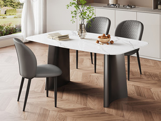  极简风格 月弧餐桌 清透雅致中花白大理石 半月弧形立体支撑 稳固几何强力承重 质感高级灰钢拉丝脚 圆弧转角工艺 1.4米 餐桌