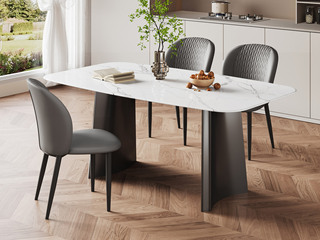  极简风格 月弧餐桌 清透雅致中花白大理石 半月弧形立体支撑 稳固几何强力承重 质感高级灰钢拉丝脚 圆弧转角工艺 1.6米 餐桌