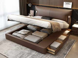  极简风格 巴甫洛夫皮艺床 高箱+抽屉组合 大容量储物设计 透气舒适仿真皮 质感双边U字型五金 精致蜈蚣黑钛五金脚 摩卡色 1.8*2.0米齐边床（面向床抽屉在右）