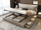 欧瑞仕 极简风格 巴甫洛夫皮艺床 高箱+抽屉组合 大容量储物设计 透气舒适仿真皮 质感双边U字型五金 精致蜈蚣黑钛五金脚 卡其灰 1.5*2.0米齐边床（面向床抽屉在右）