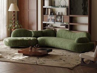  奶油风 海盐沙发 高档细腻布艺 不规则几何造型 独特创意异形转角设计 可移动小扶手 Plus版超宽敞大坐深 肆意舒展 高密度高回弹海绵释压支撑 俄罗斯落叶松实木框架 苔原绿 转角沙发 右转角