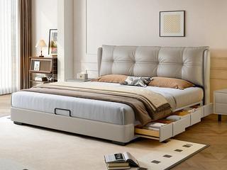  极简风格 高定头层黄牛皮 全实木抽屉 宽大饱满有型高靠包 床侧多功能储物三抽 收纳力Max 右抽屉款 卡其灰 1.8*2.0米床（搭配10公分松木排骨架）（面向床抽屉在右）