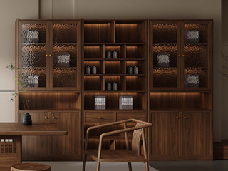  宋式美学 高端进口黑胡桃木 大容量储物空间 圆润边角防磕碰 亮丽3C钢化玻璃 A款 书柜（天然实木家具、纹理自然随机）（不含灯带）