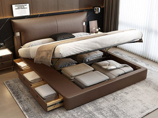  极简风格 巴甫洛夫皮艺床 高箱+抽屉组合 大容量储物设计 透气舒适仿真皮 质感双边U字型五金 精致蜈蚣黑钛五金脚 摩卡色 1.8*2.0米齐边床（面向床抽屉在左）