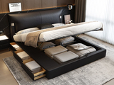 欧瑞仕 极简风格 巴甫洛夫真皮床 高定头层黄牛皮 高箱+抽屉组合 大容量储物设计 豪奢大面积真皮床头 质感双边U字型五金装饰 精致蜈蚣黑钛五金脚 黑色 1.8*2.0米齐边床（面向床抽屉在左）
