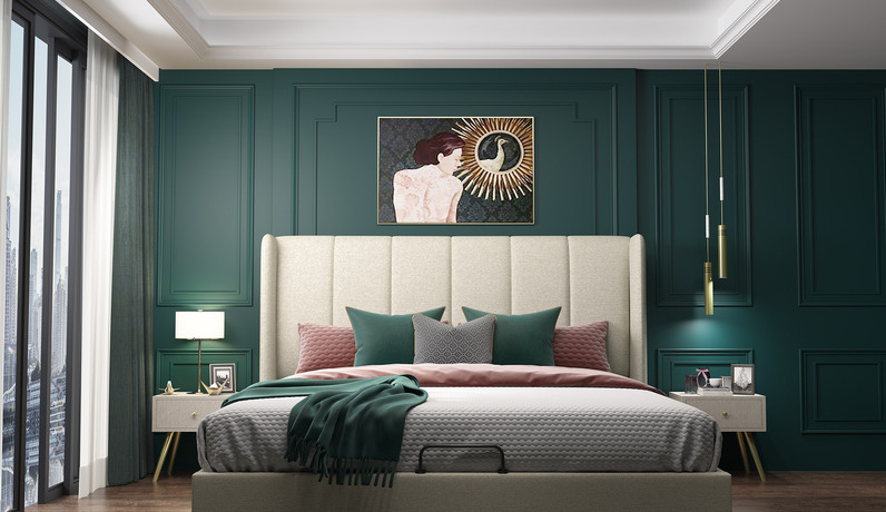 皮艺工坊 轻奢系列 1.5*2.0米 米黄色 高弹舒适软靠  布艺 床（搭配10公分松木排骨架）