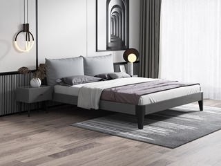  北欧风格 布纹铁灰 稳固框架 实木床脚 浅灰布靠背 1.5*2.0米床