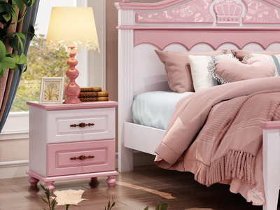  简美风格 优质橡胶木 环保健康 青春粉白儿童床头柜