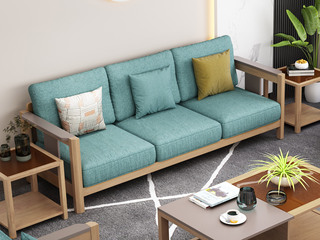  北欧风格 泰国进口橡胶木坚固框架 优质棉麻布艺 三人位沙发