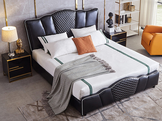  轻奢风格 高定头层黄牛皮 1.8*2.0米真皮床（搭配10公分松木排骨架）