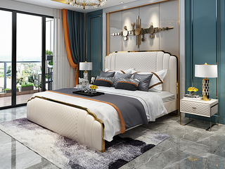  轻奢风格 头层黄牛皮 1.5*2.0米真皮床（搭配10公分松木排骨架）