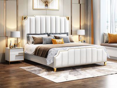 轻奢风格 高定头层黄牛皮 1.5米真皮床（搭配10公分钢木排骨架）