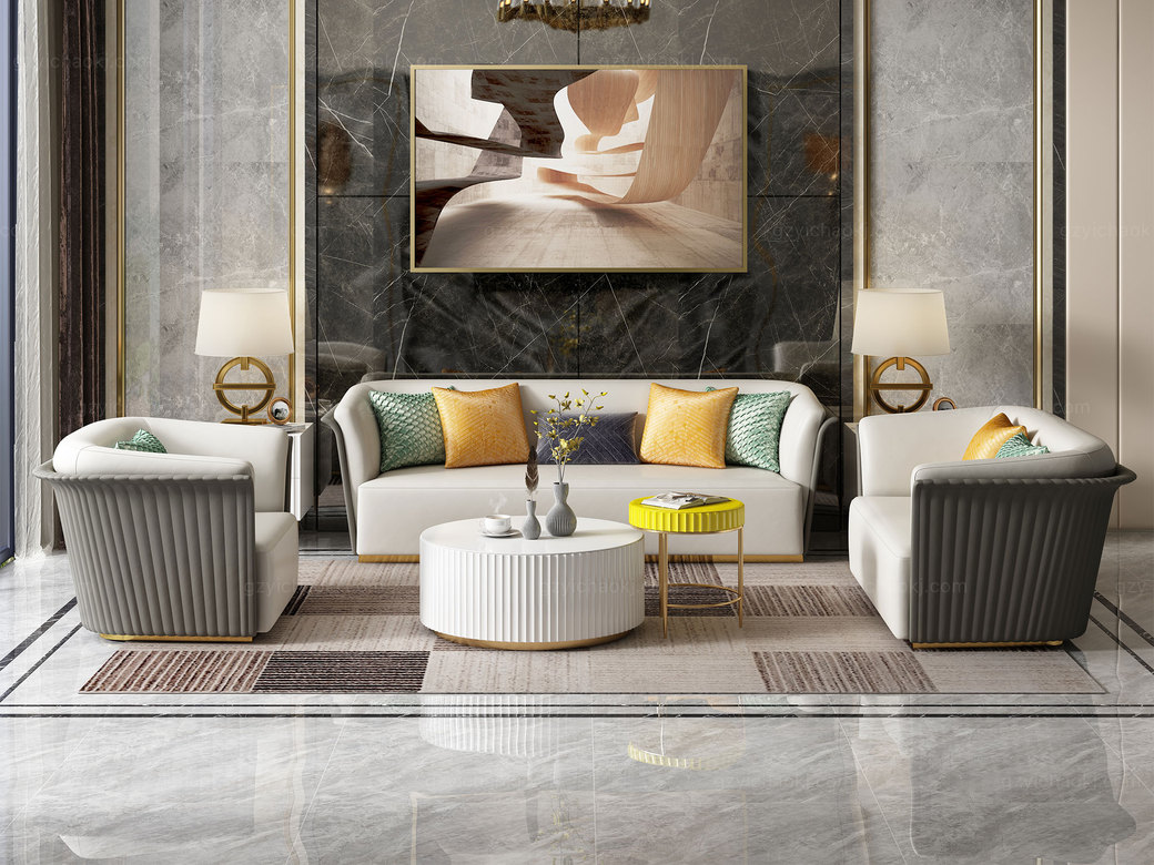 梵克美家 轻奢风格 精美条纹设计 优雅镀金支脚 梦幻白 大圆茶几