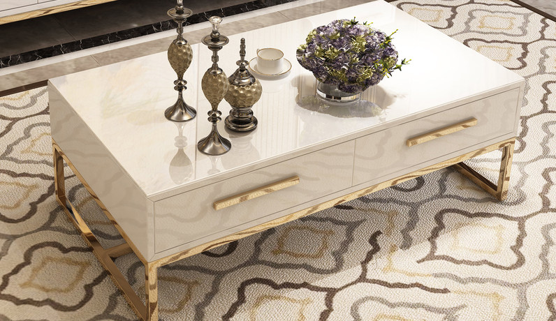 iLoven 意乐威 轻奢风格 镀金不锈钢 细腻光滑台面 优雅白 1.3m茶几