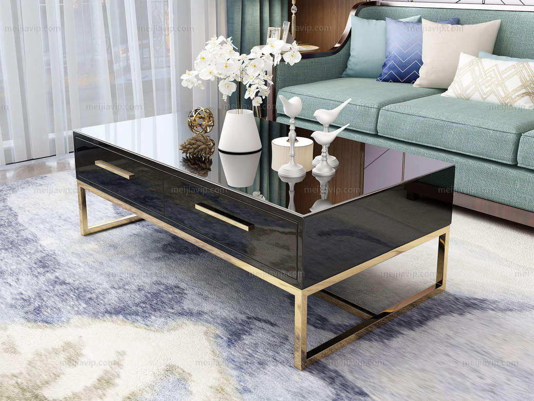 梵克美家 轻奢风格 镀金不锈钢 细腻光滑台面 时尚黑 1.2m茶几