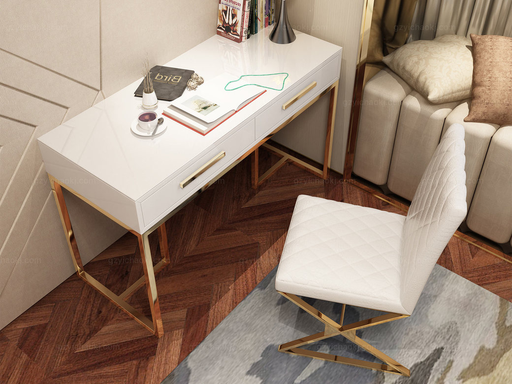梵克美家 轻奢风格 镀金不锈钢 细腻光滑台面 优雅白 0.9m书桌