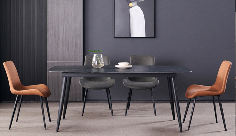 斐亚家居 极简 劳伦黑金哑光岩板 碳素钢黑砂（底架） 1.4米 长餐桌