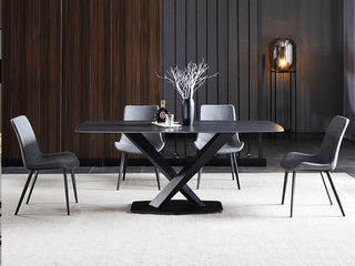  极简 劳伦黑金哑光岩板 碳素钢黑砂底架 1.4米 餐桌