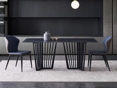  极简 劳伦黑金岩板 碳素钢黑砂（底架） 1.8米 长餐桌