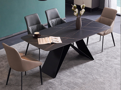  极简 劳伦黑金岩板 碳素钢黑砂（底架） 1.5米 长餐桌