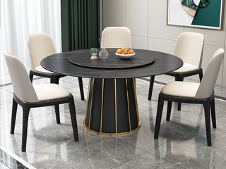  轻奢 劳伦黑金哑光岩板 碳素钢黑砂+电镀（底架） 1.35米 圆餐桌（含转盘）