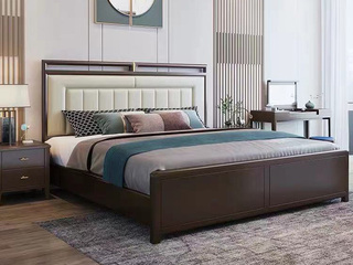  新中式 橡胶木  檀艺 卧室 简约 1.5米超纤皮床