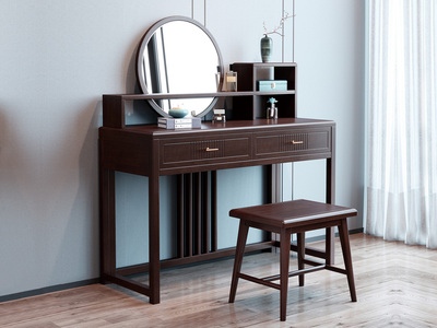  新中式风格 收纳柜一体 紫檀色 卧室梳妆台（含妆镜妆凳）