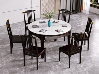  新中式风格 橡胶木亮光岩板 紫檀色 1.5米家用圆形餐桌（折叠后宽度930mm）