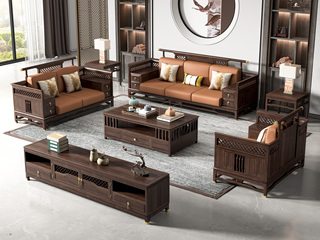  新中式风格 乌金木+皮艺 双层抽屉网格款（1+2+3）套装组合 沙发