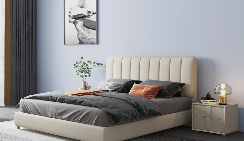 卡罗亚 现代简约 舒适透气 优质布艺+实木框架 米黄色1.8*2.0米床（搭配10公分松木排骨架）